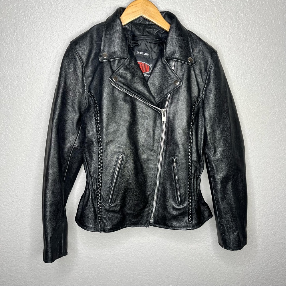 Jafrum Black Genuine‎ Leather Moto Jacket Zip-Out Liner Braided Fitted Biker L